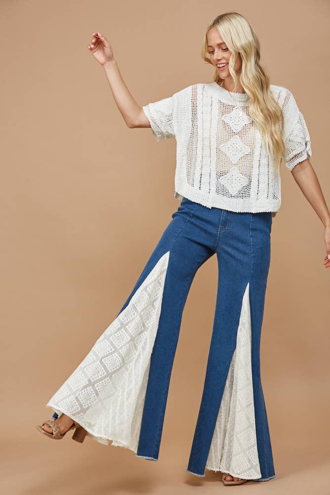 LACE DETAIL WIDE LEG JEANS 2481PIB MID DENIM