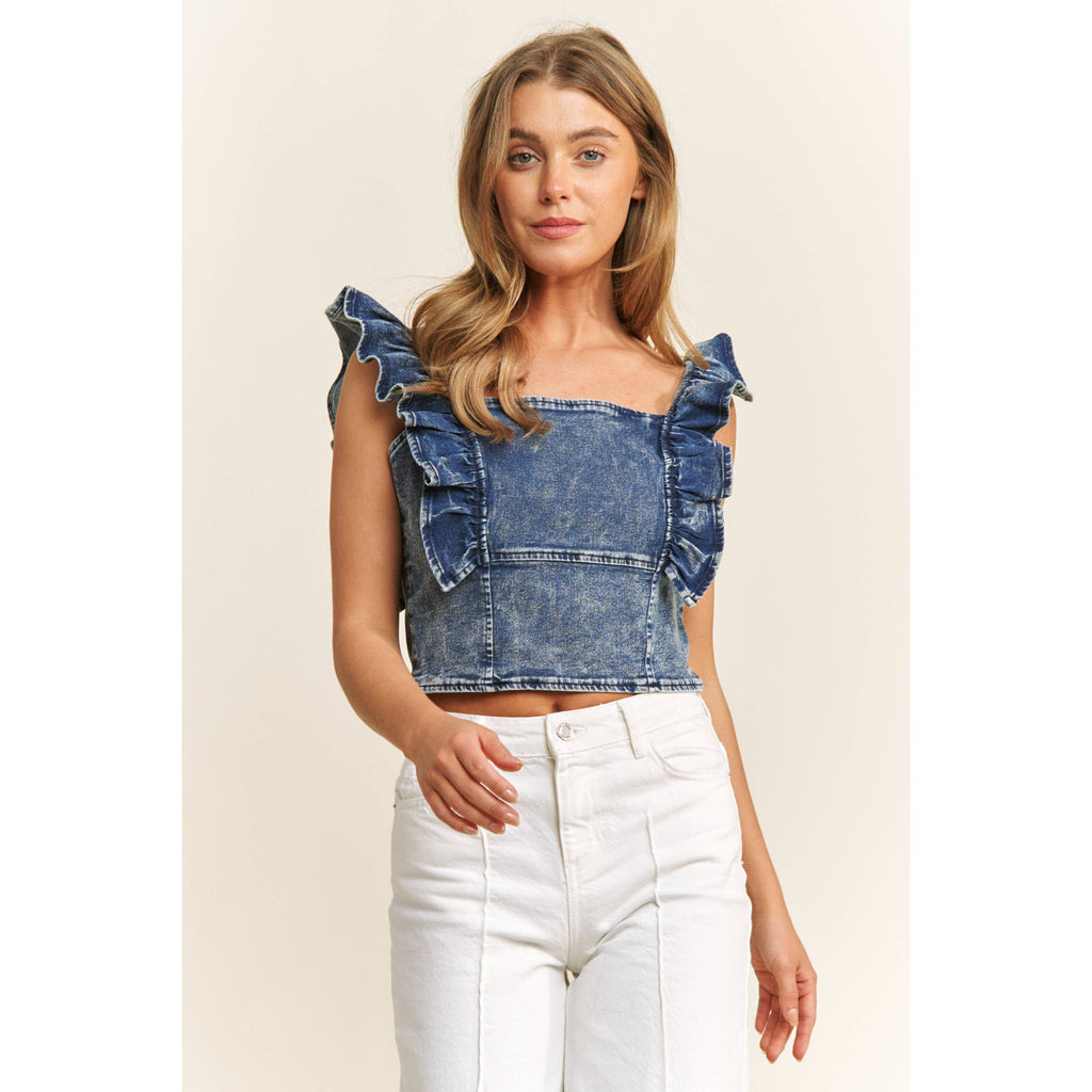 DENIM SQUARE NECK RUFFLE SLEEVES FITTED CROP TOP