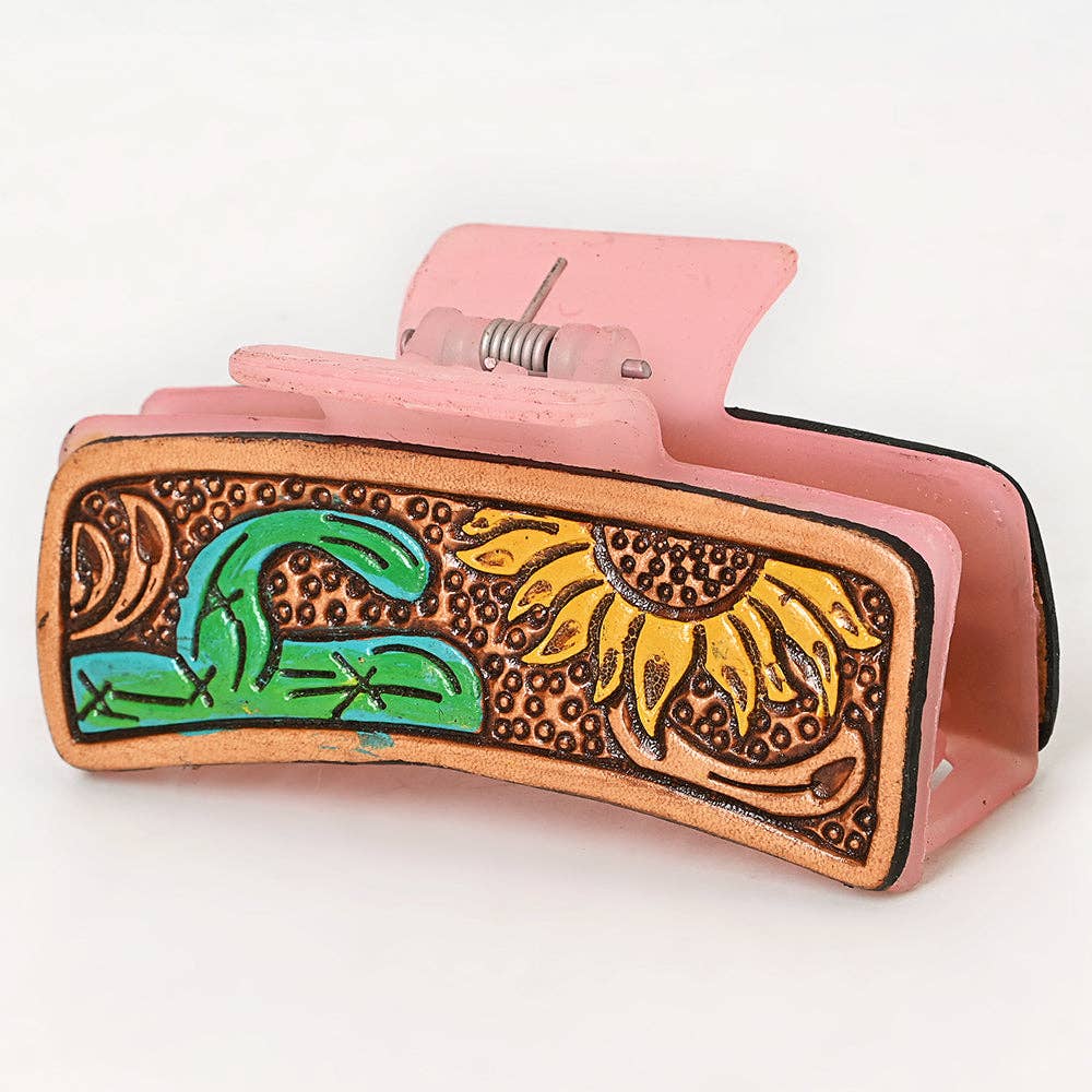 Sunflower & Cactus Tooled Leather Hair Band Pink Clip Clutcher - Western Pink Clip | American Darling