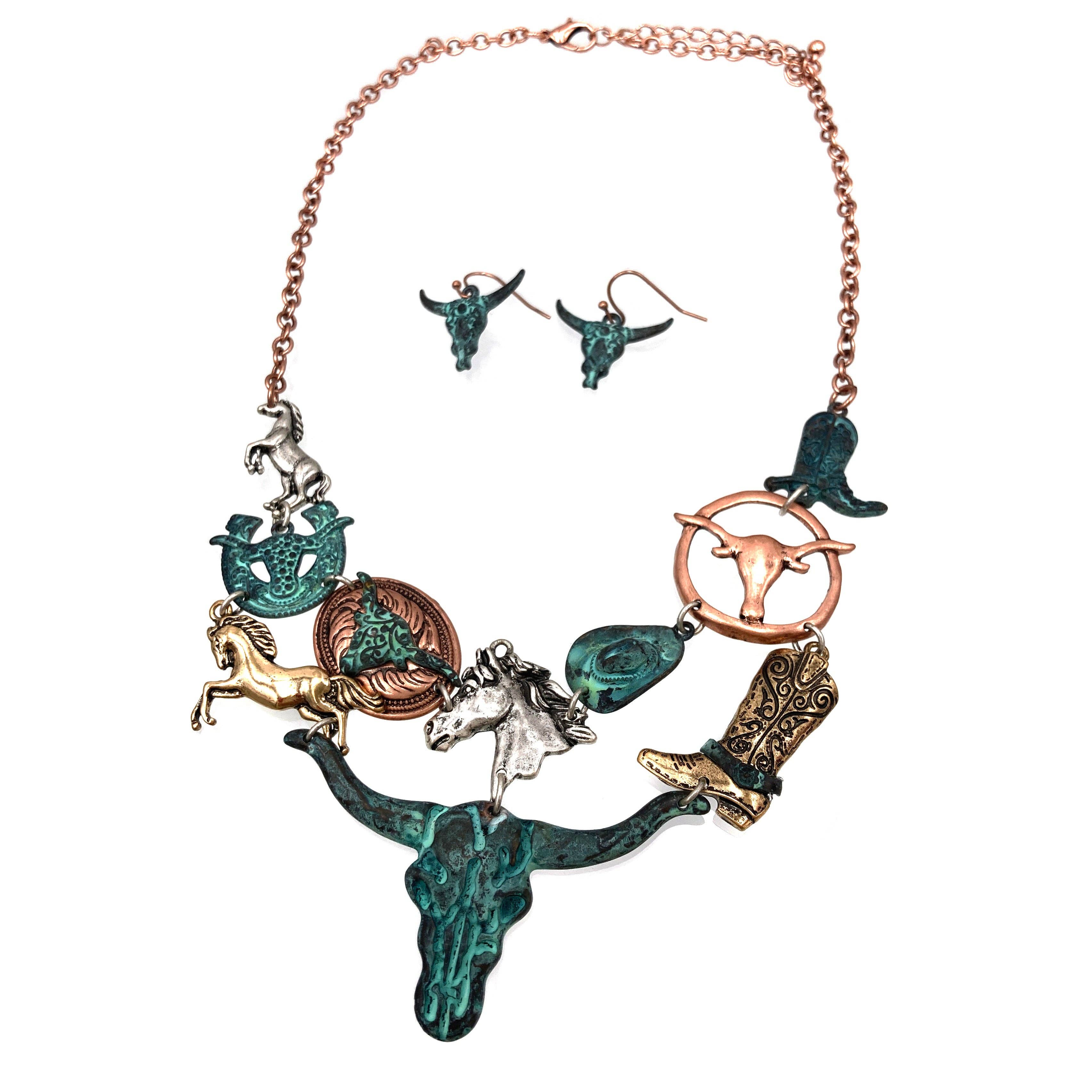 Patina Longhorn Horse Mix Metal Western Necklace Set