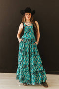 Teal Aztec Cowboy Printed Wide Leg Ruffle Western Jumpsuit