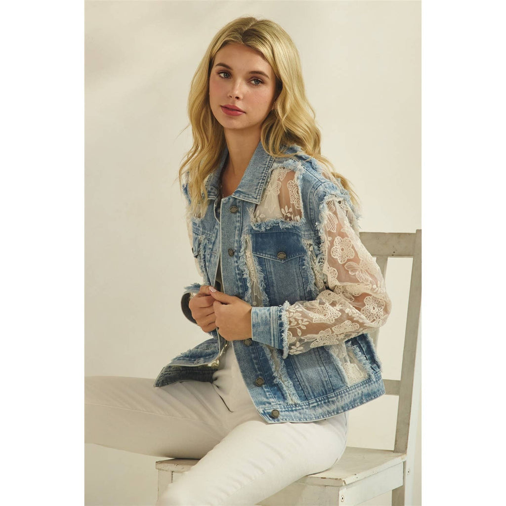 Denim Jacket with Floral Organza Inset