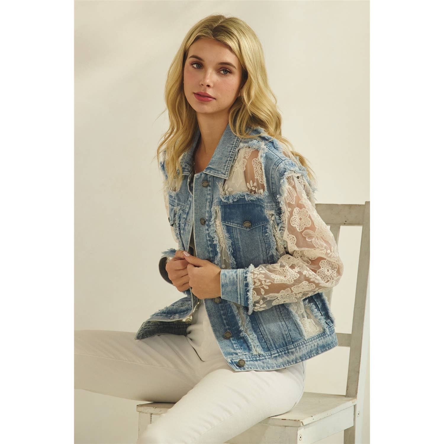 Denim Jacket with Floral Organza Inset