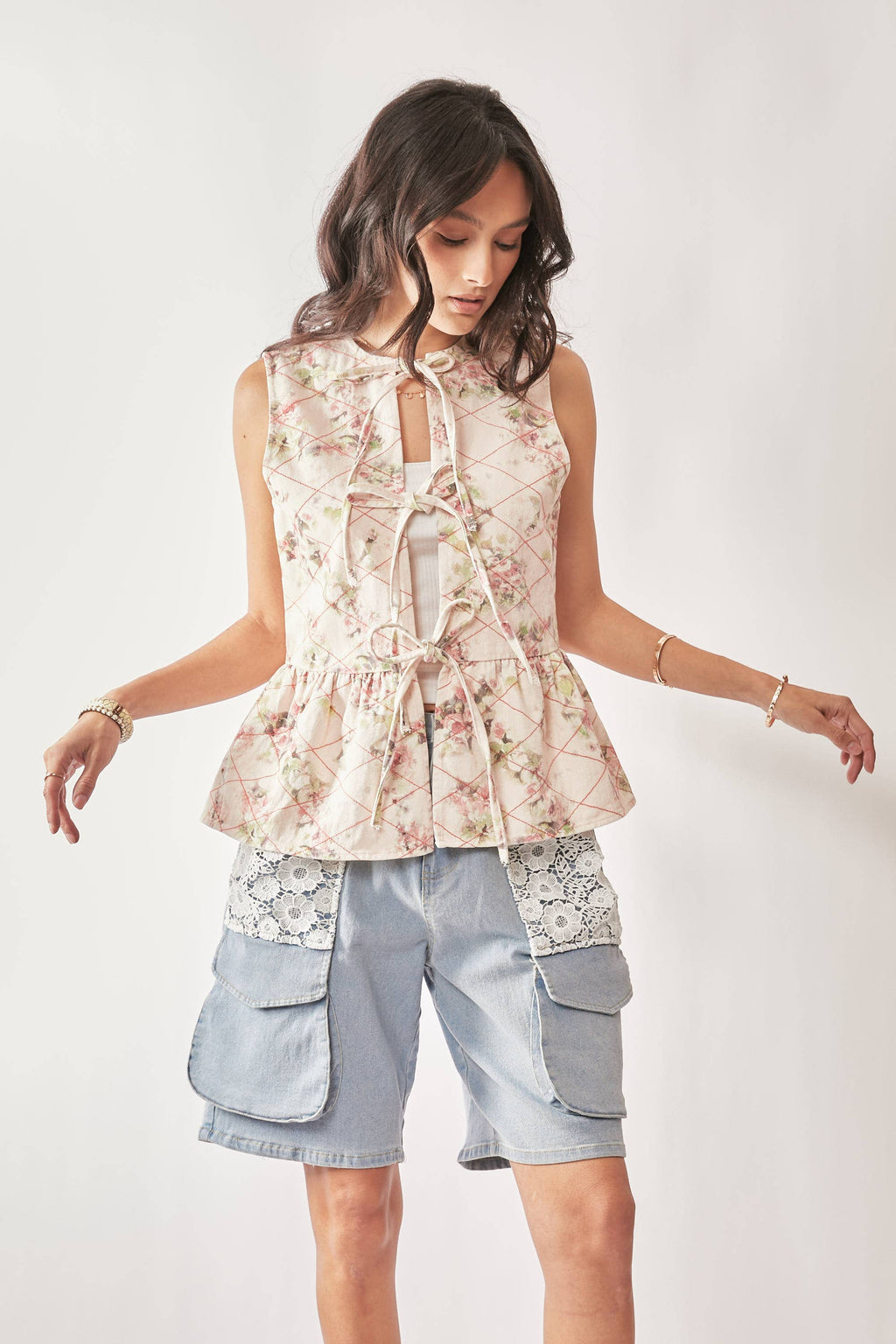 Garden Floral Print Tie Front Peplum Vest Top