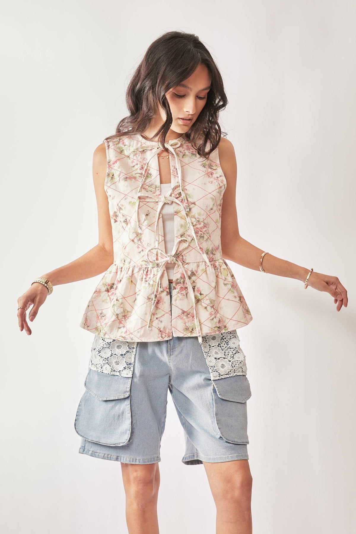 Garden Floral Print Tie Front Peplum Vest Top