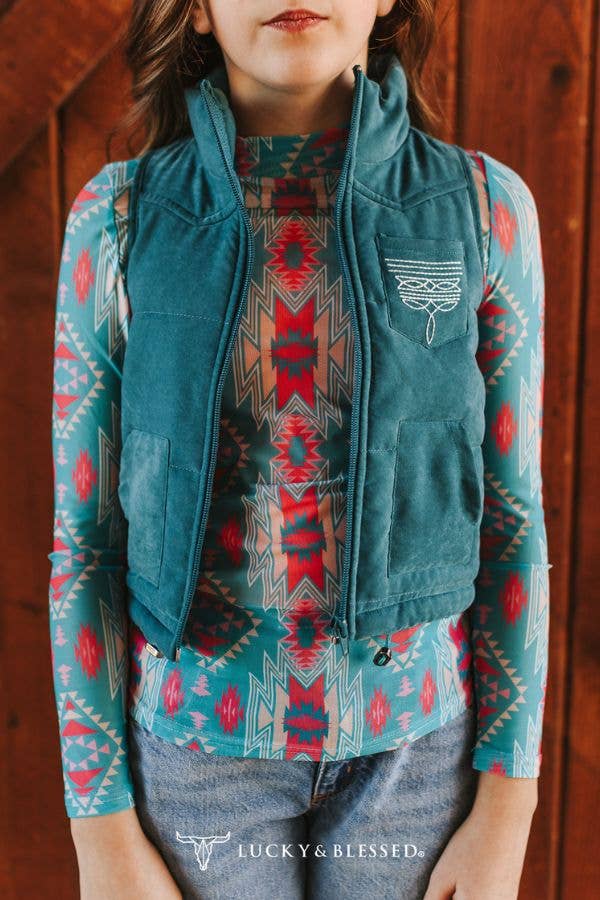 Girls Jade Puffer W Aztec Lining Boot Stitch Detail Vest