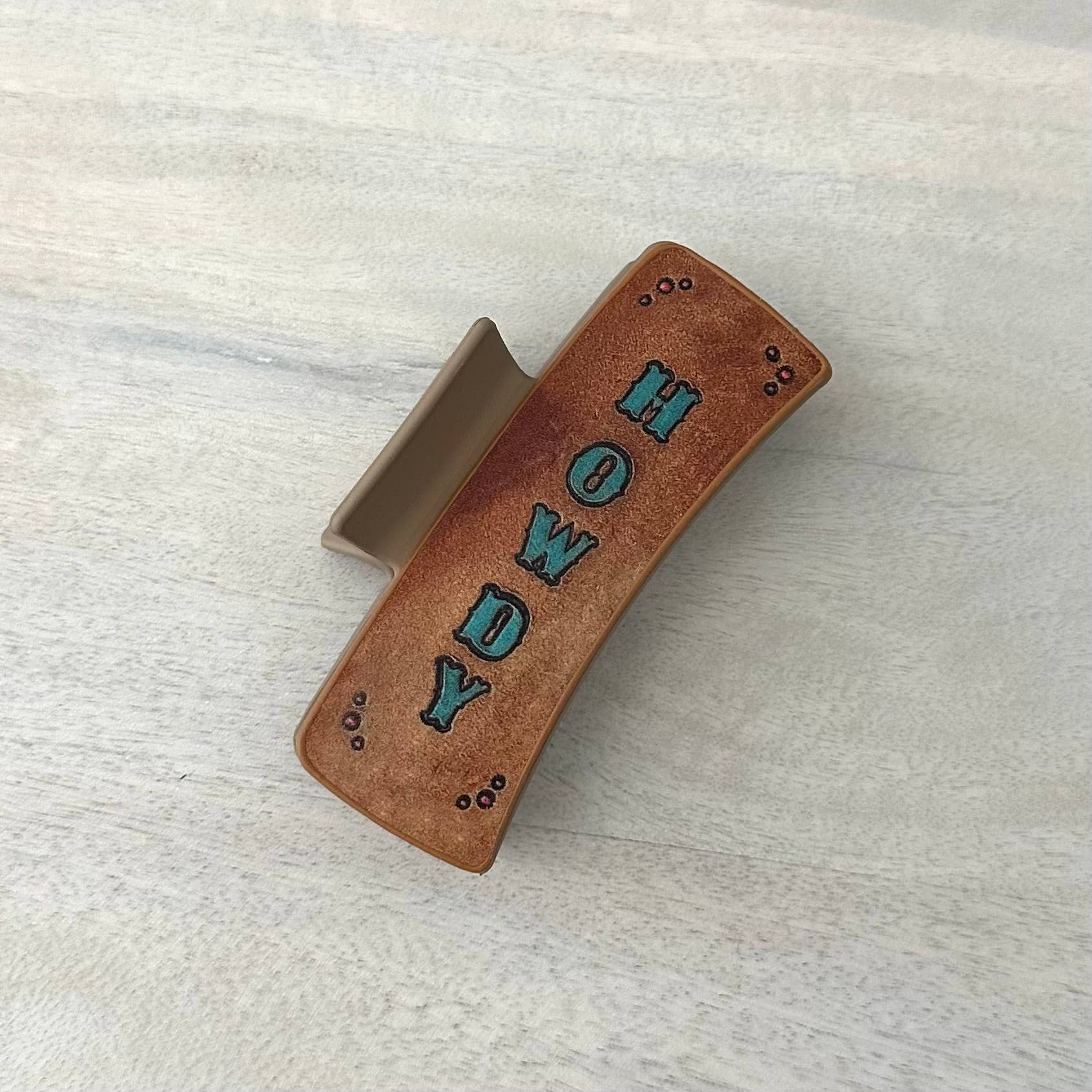 Western Hair Clip Leather Claw Blue "Howdy"
