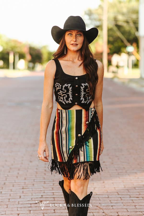 Jacquard Woven Serape Multi Color Fringe Wrap Skirt