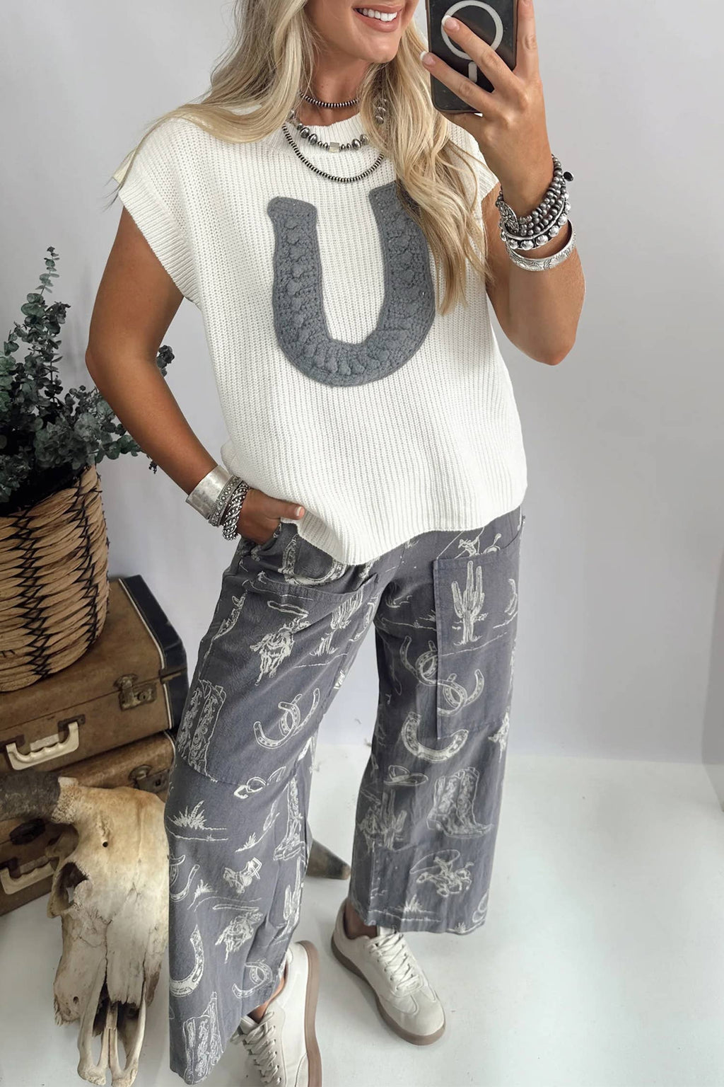 Western Crochet Horseshoe Summer Knit Sweater Vest