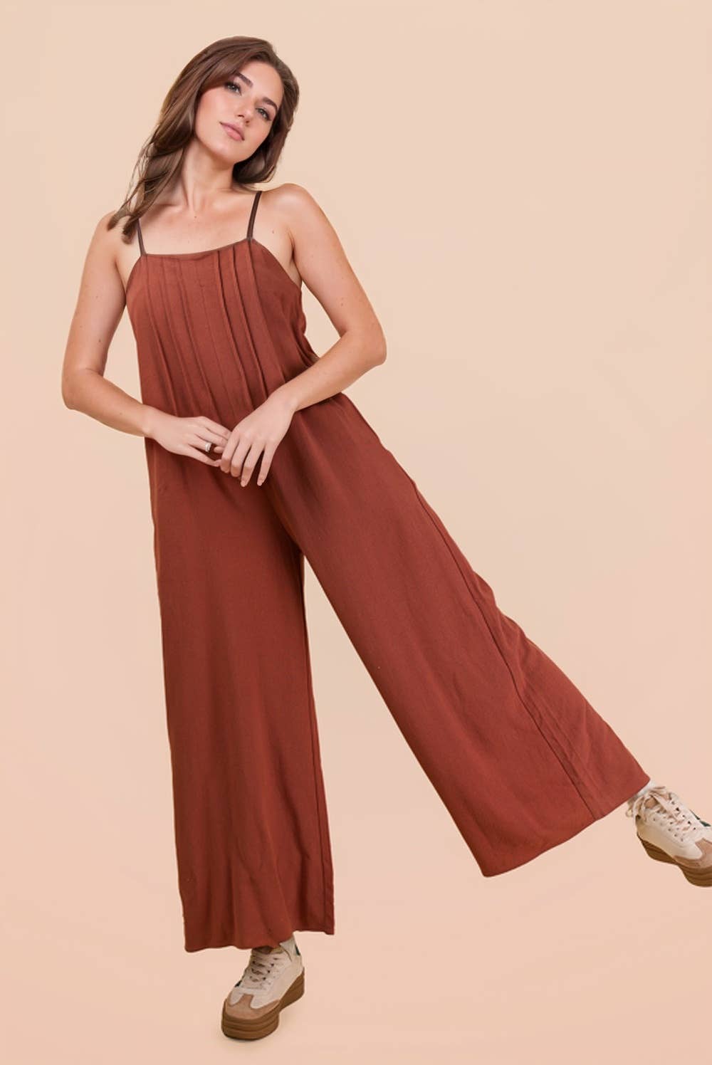 Pleated Solid Woven Sleeveless Jumpsuit