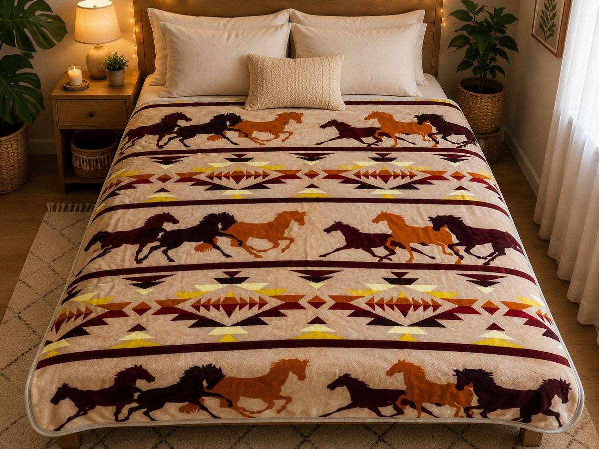 *Running Horses  Queen 2Ply Flannel Blanket – 80" x 87" inch