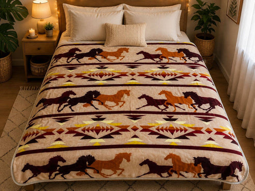 *Running Horses  Queen 2Ply Flannel Blanket – 80" x 87" inch