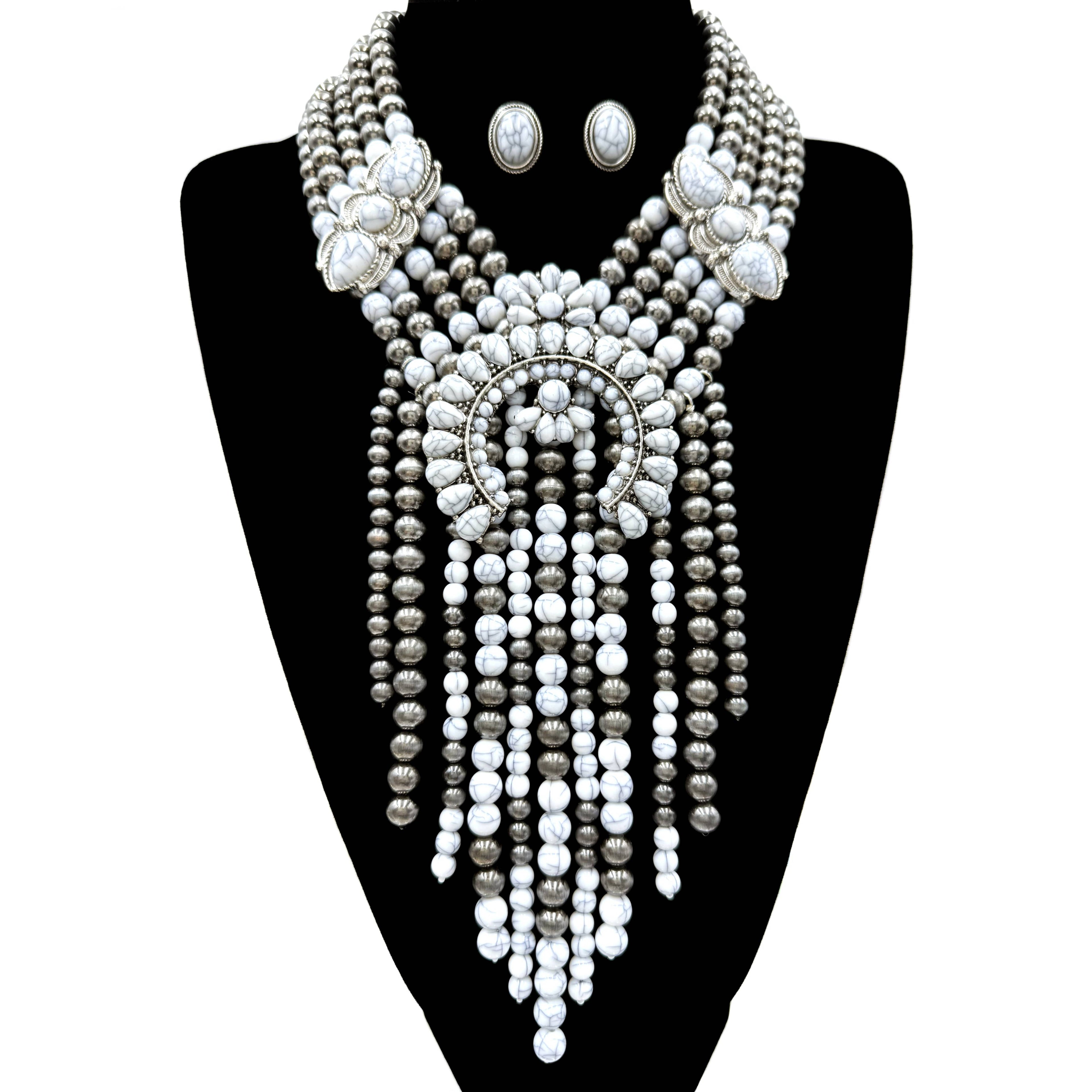 Squash Blossom Fringe Navajo Turquoise Beads Statement Necklace