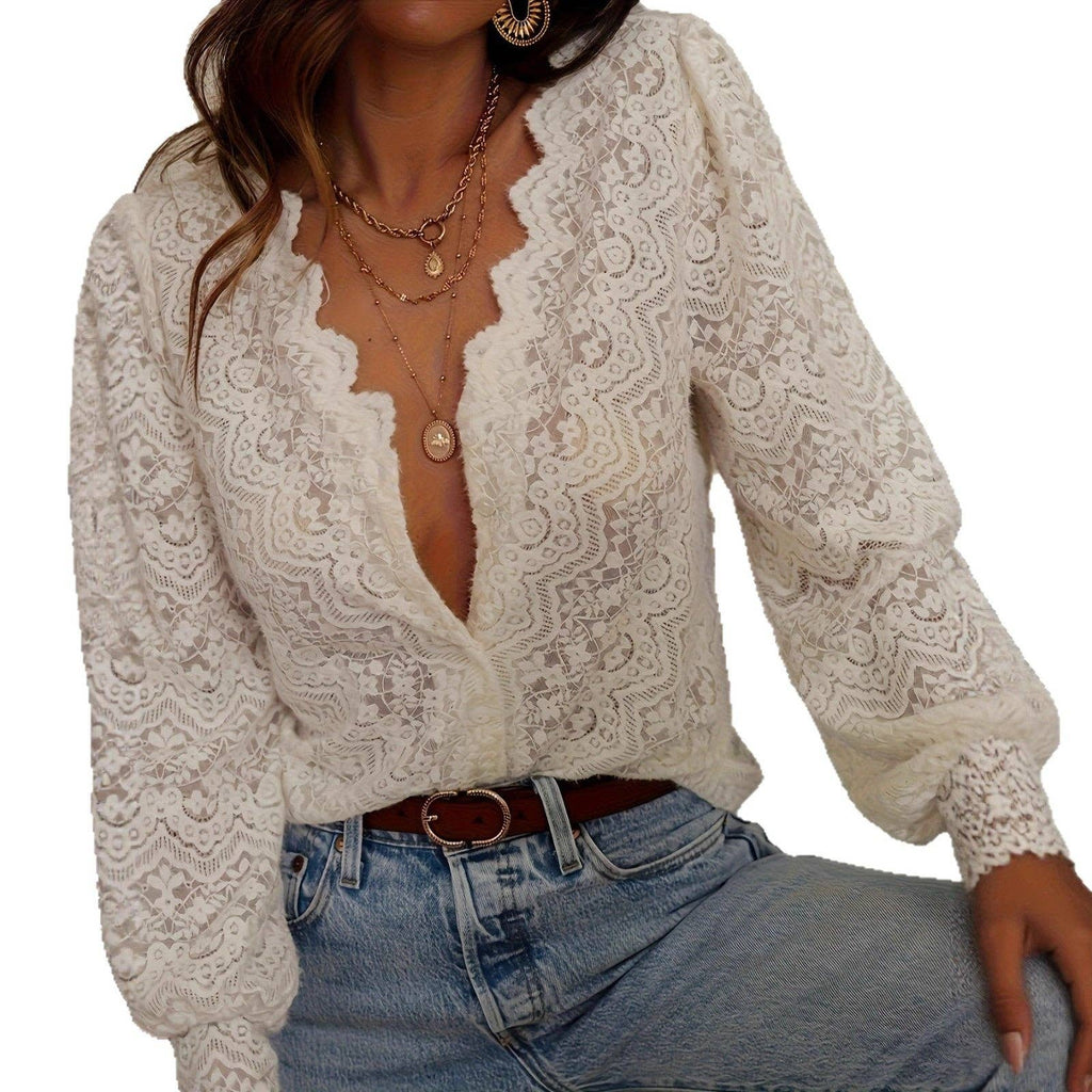 Solid Color Long Sleeve Sheer Panel  V-Neck Lace Blouse