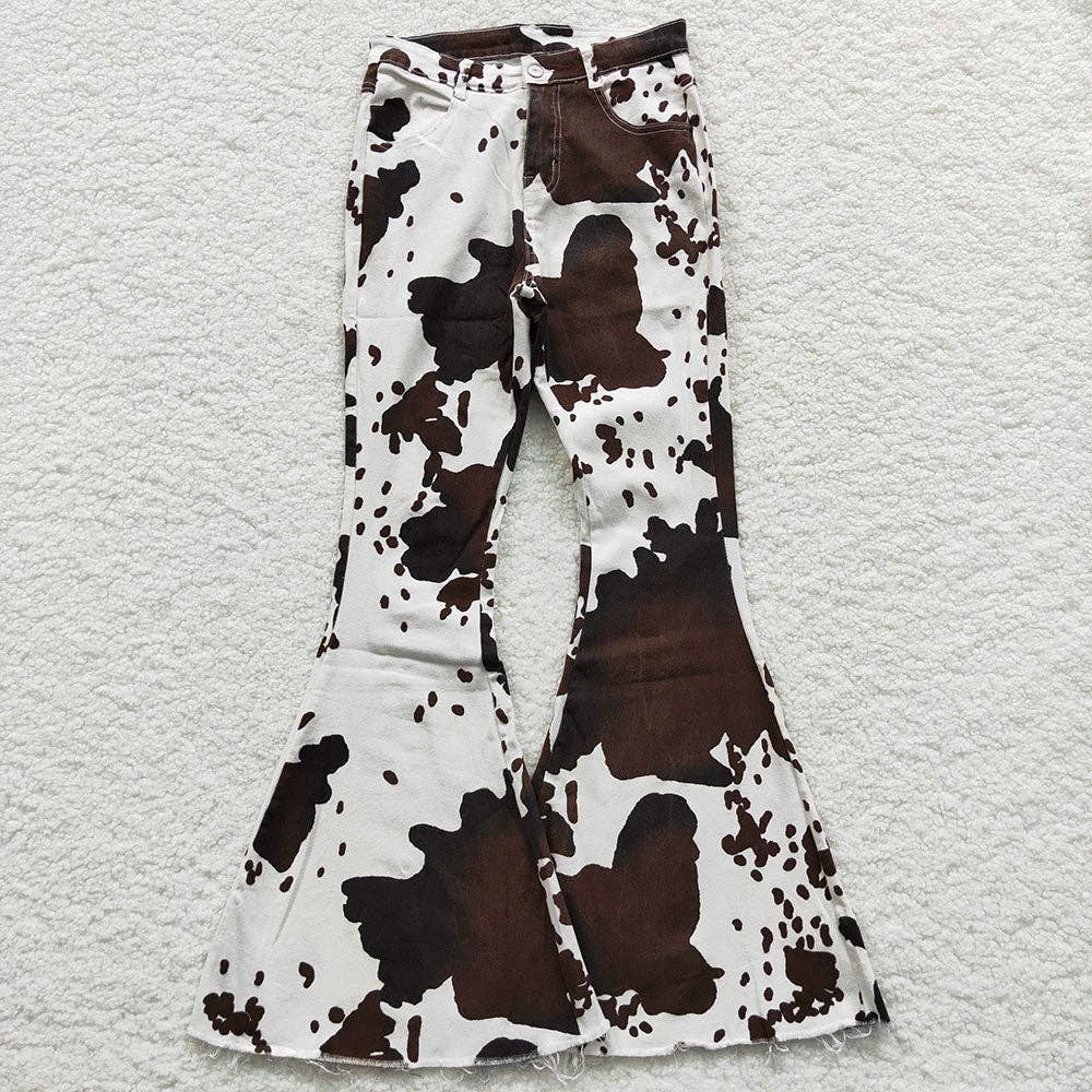 Adult Women Cow Print Denim Bell Pants Jeans