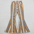 Adult Women Orange Grey Stripes denim bell pants Jeans