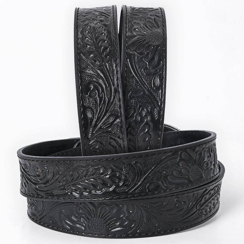 Hand-Tooled Black Floral Western Leather Belt with Oval Buckle
