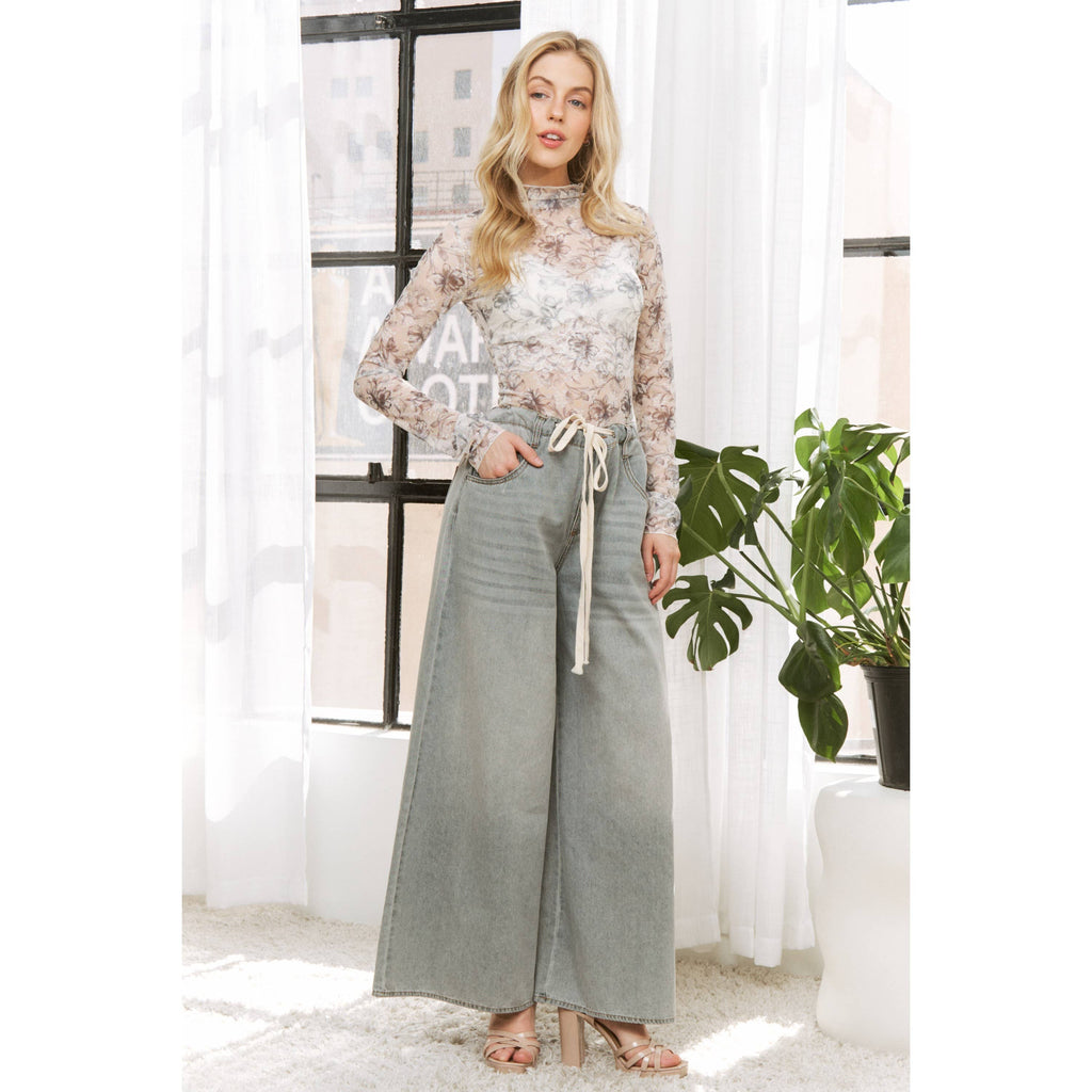DENIM WIDE LEG OPENING PANTS WITH DRAWSTRING