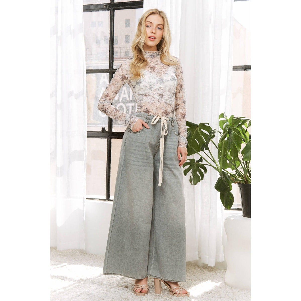 DENIM WIDE LEG OPENING PANTS WITH DRAWSTRING