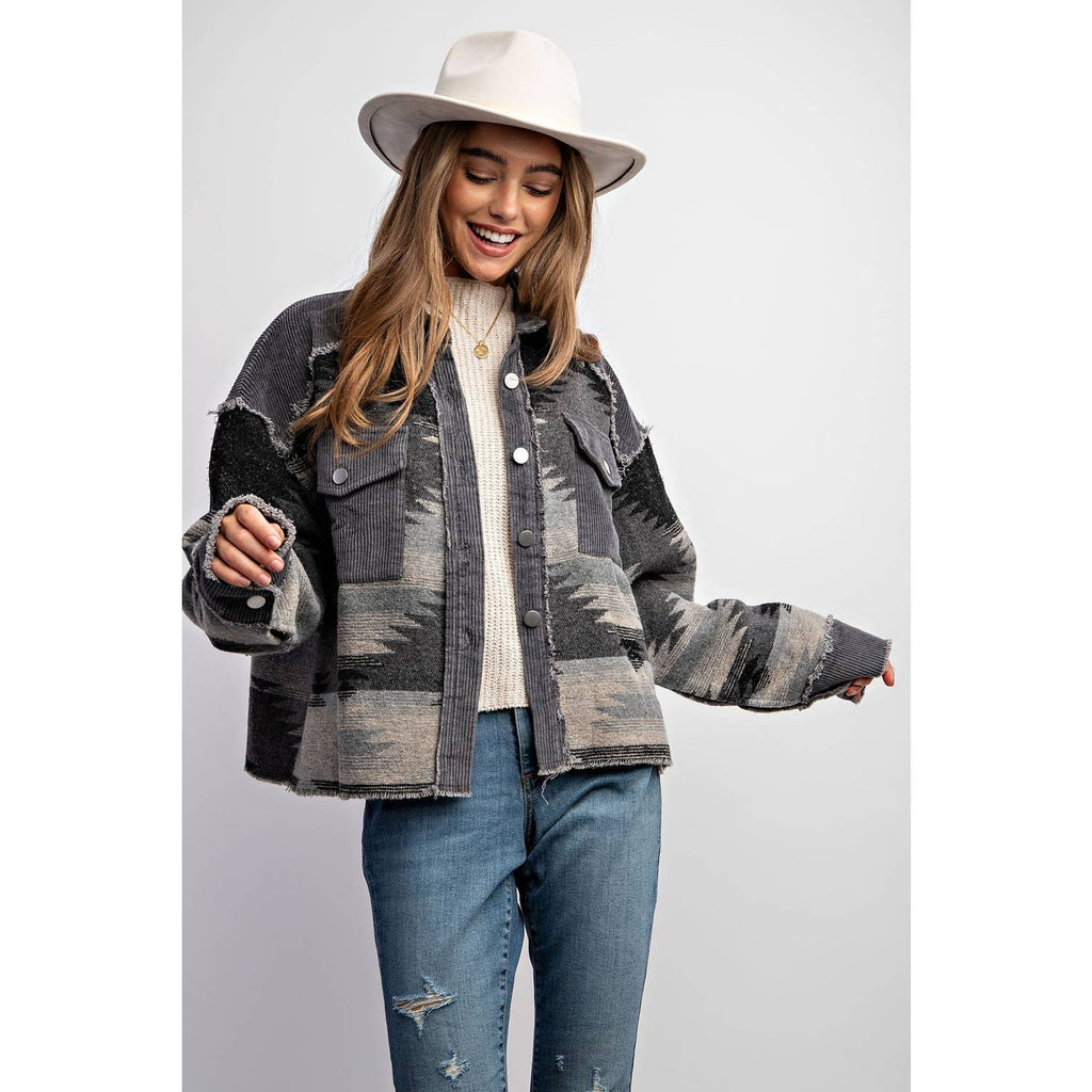 TRIBAL AZTEC PATTERN COLORBLOCK BUTTON DOWN SHIRT JACKET