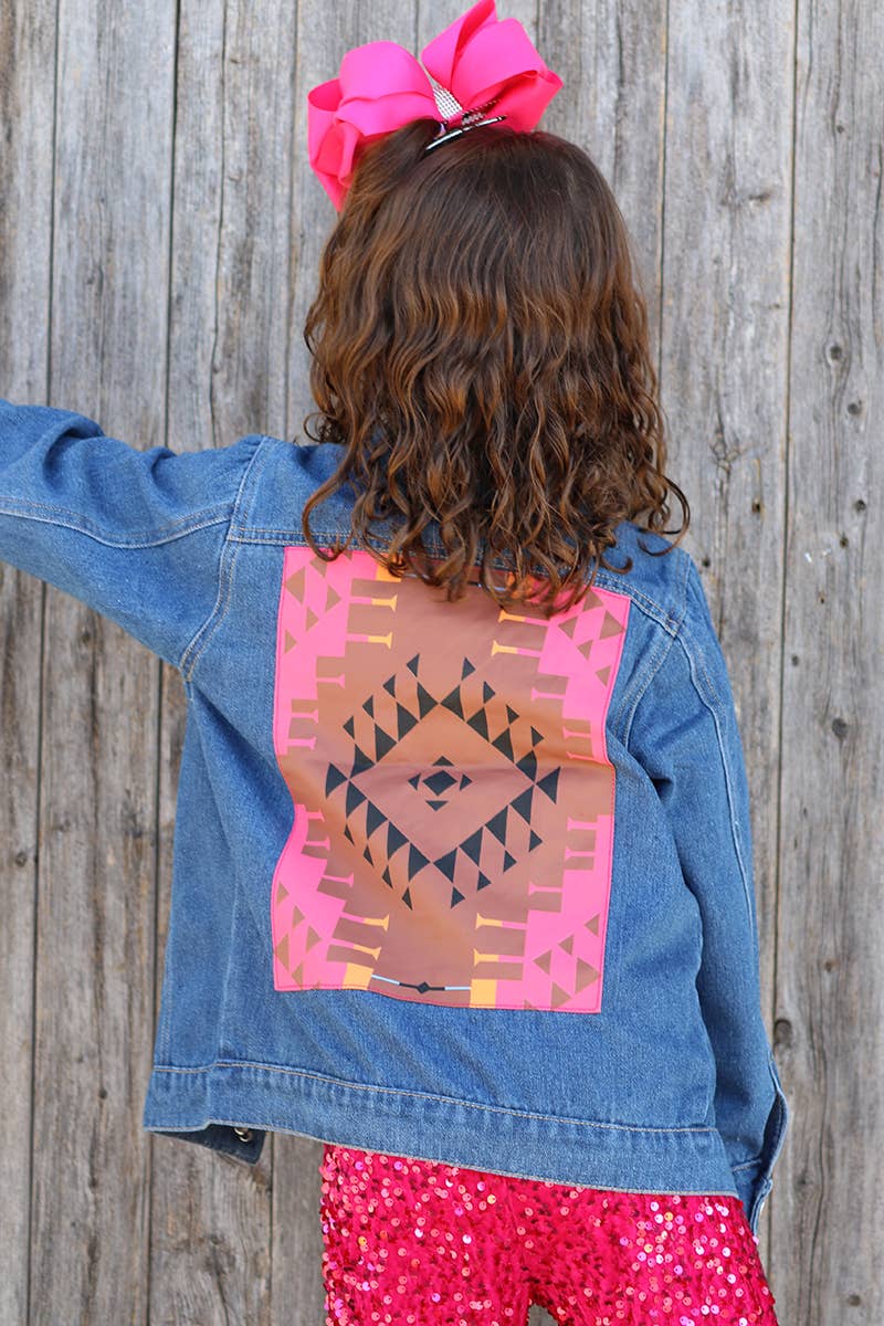 DENIM JACKET W/AZTEC PRINTED POCKET & BACK.