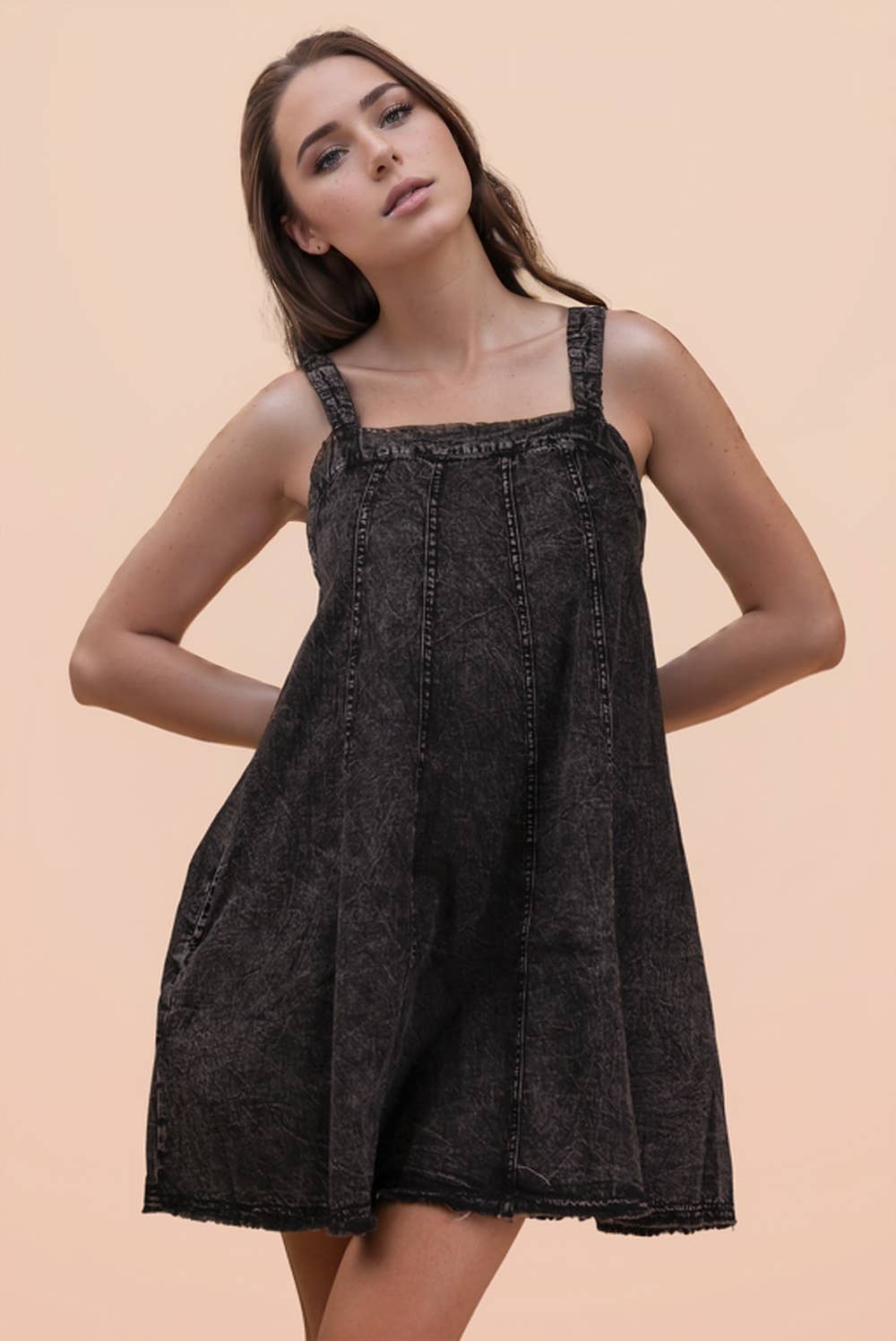Washed Denim Mini Dress W/ Back Tie