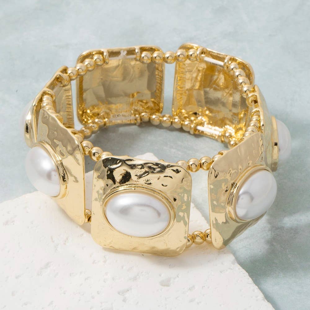 Hammered Square & Pearl Stretch Bracelet