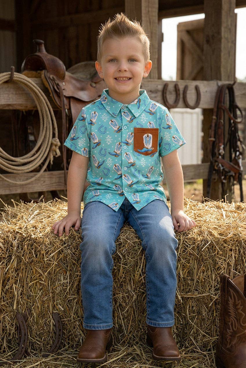 Aqua western boot printed button up shirt with side pocket.