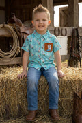 Aqua western boot printed button up shirt with side pocket.