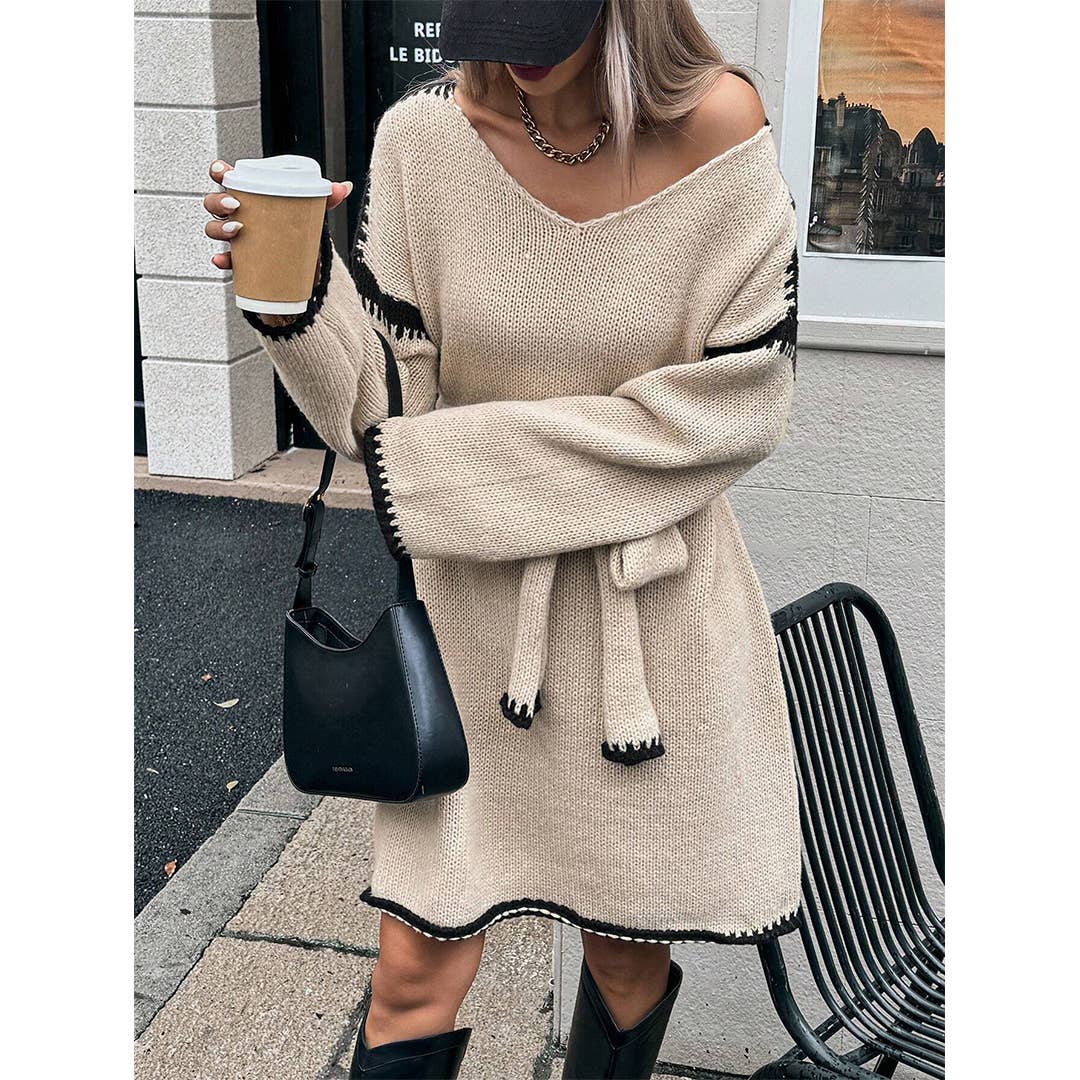 Casual V-Neck Waist Tie and Loose Fit Knit Dress