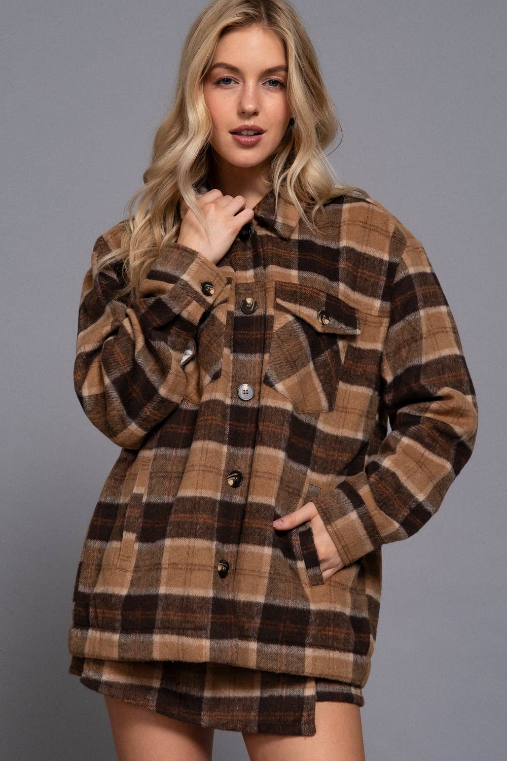Long Sleeve Inside Faux Fur Brushed Plaid Jacket