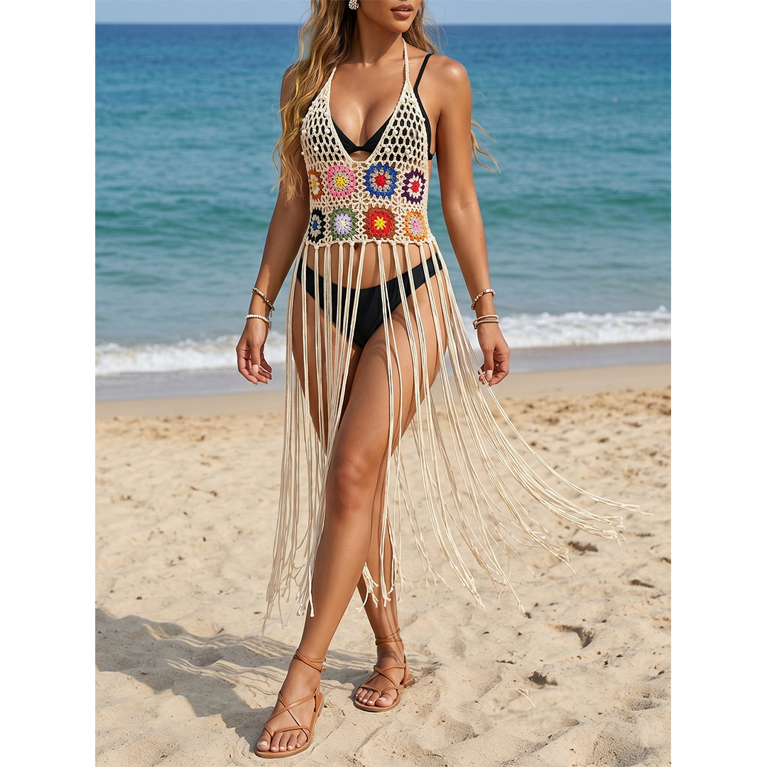 Multicolor Tassel Patchwork Tie-Up Beach Cover-Up