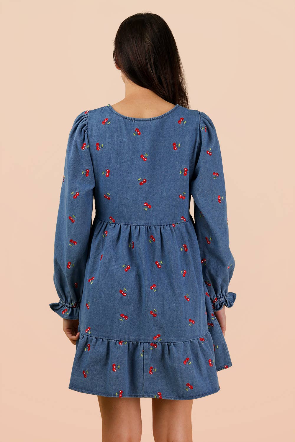 Soft Washed Denim Cherry Casual Mini Dress