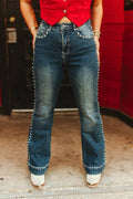 Mid Wash Stretch Denim High Rise Trouser Studded Jeans 31in