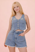 VERY JEAN Washed Denim Embroidery Vest