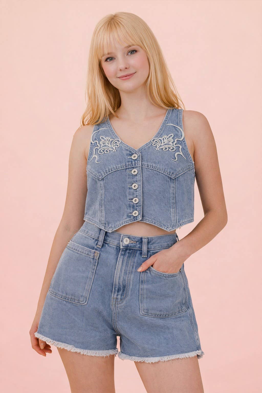 VERY JEAN Washed Denim Embroidery Vest