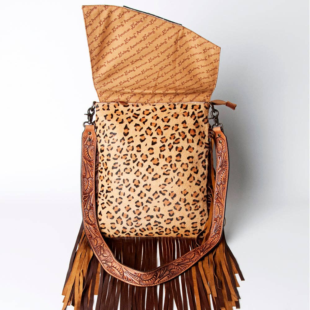 Leopard Print Messenger Bag with Fringe and Tooled Leather Flap