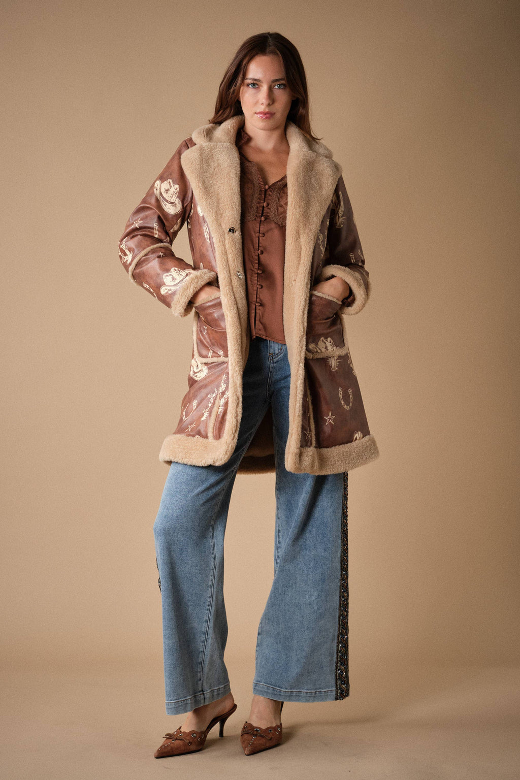 Western Printed Faux Leather Coat