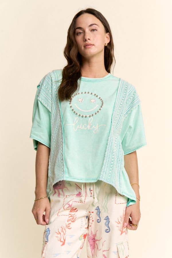 Lucky Smiley Pearl Embellished Boxy Tee