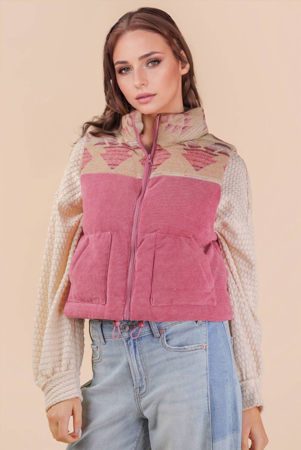 Aztec Graphic Corduroy Casual Puffer Vest