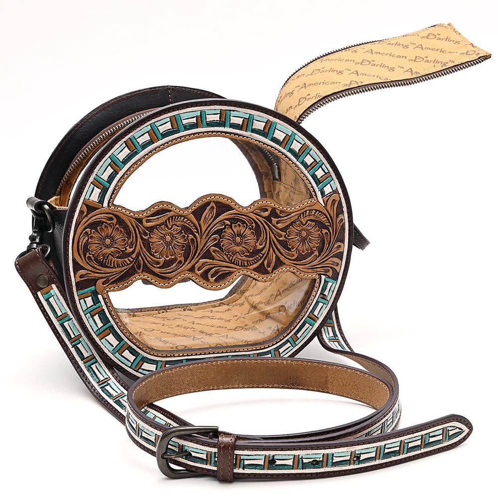 Clear Canteen Western Bag with Hand-Tooled Leather & Turquoise Inlay | American Darling