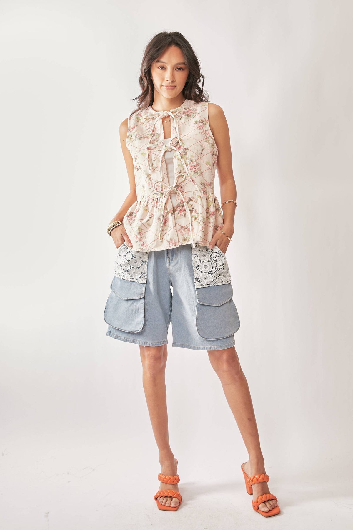 Garden Floral Print Tie Front Peplum Vest Top