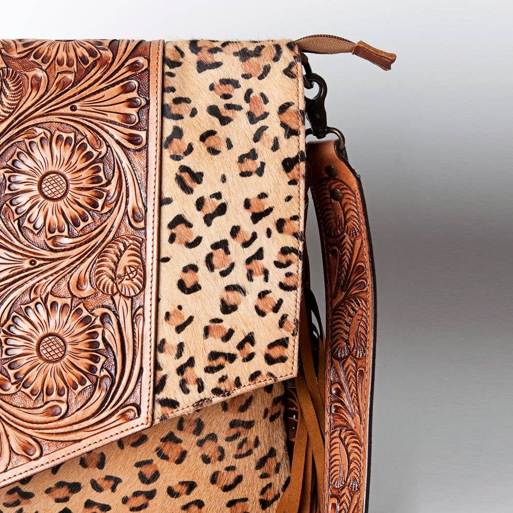 Leopard Print Messenger Bag with Fringe and Tooled Leather Flap