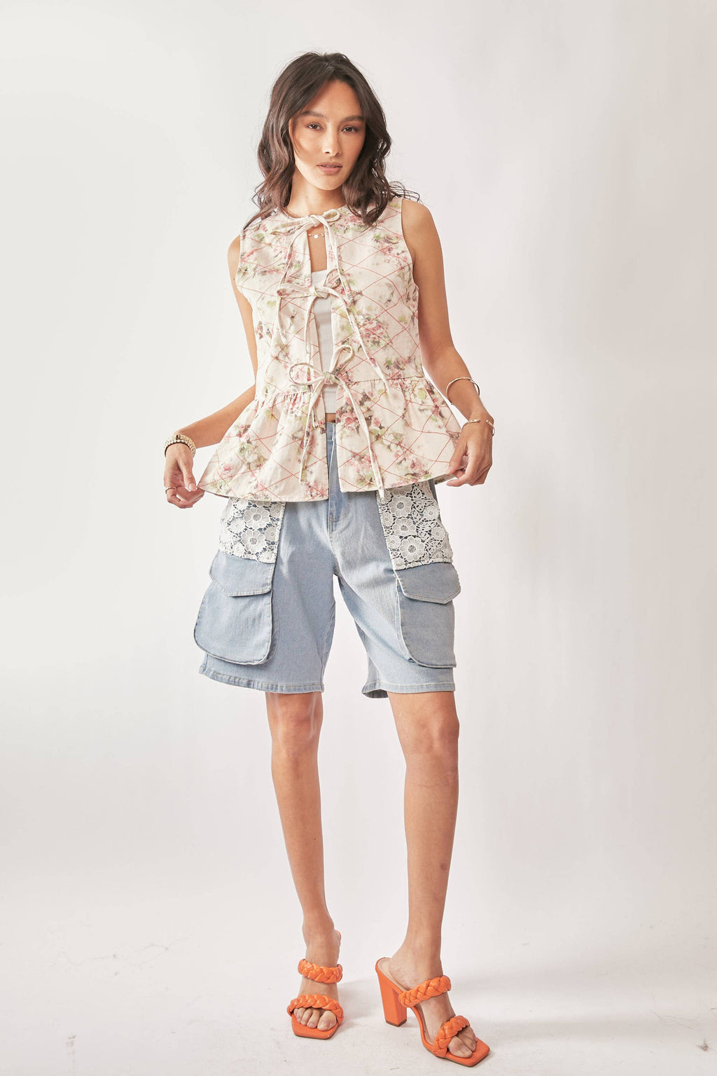Garden Floral Print Tie Front Peplum Vest Top