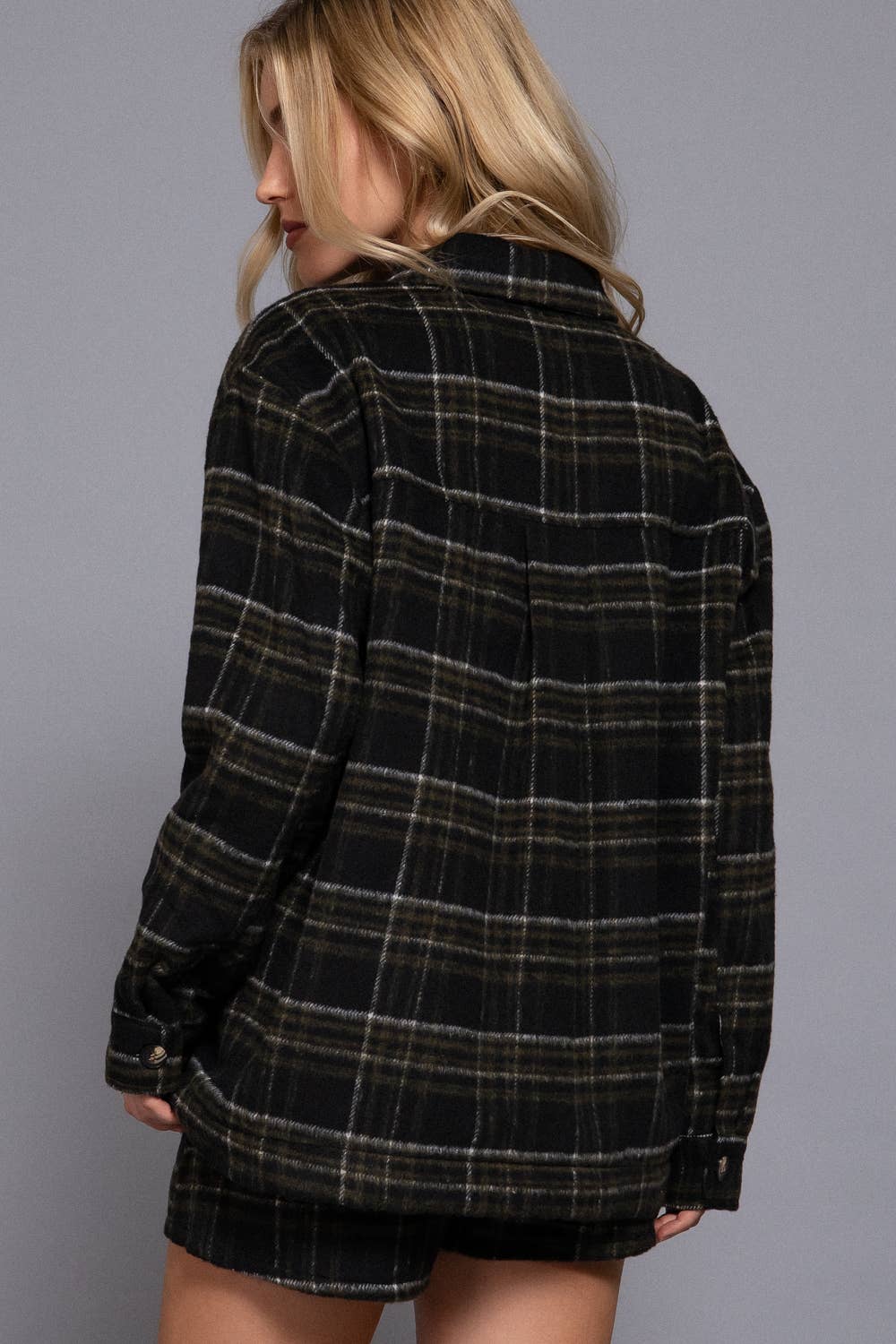 Long Sleeve Inside Faux Fur Brushed Plaid Jacket
