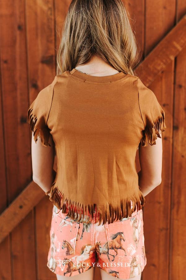 Girls Camel Yee Haw Thick Embroidered Fringe Hem Shirt