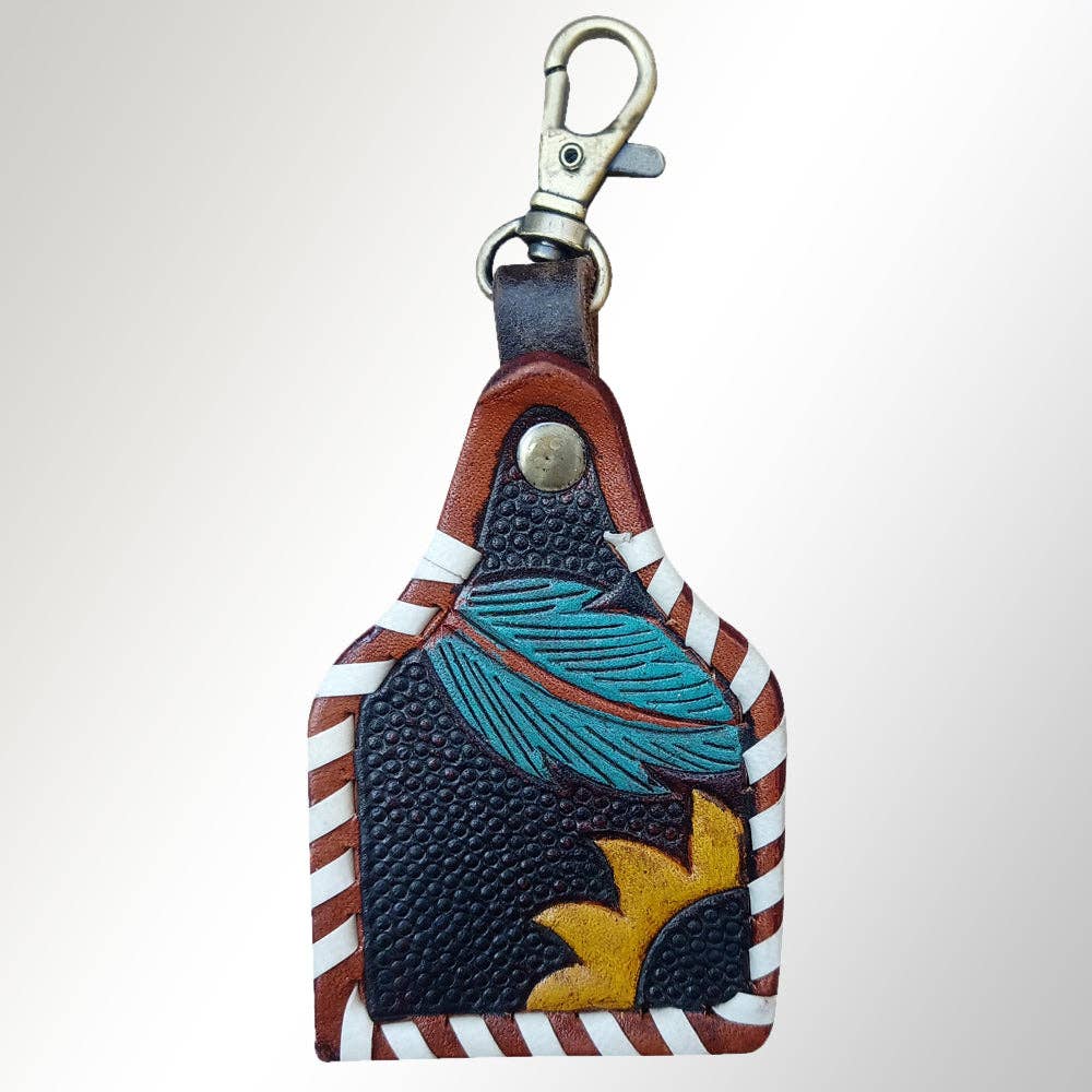 Hand-Tooled Leather Keyring with Feather & Sunflower Design   Western Style