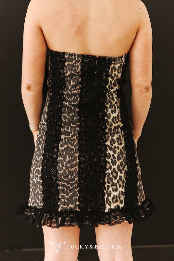 Strapless Stretch Denim Corset Leopard Dress 