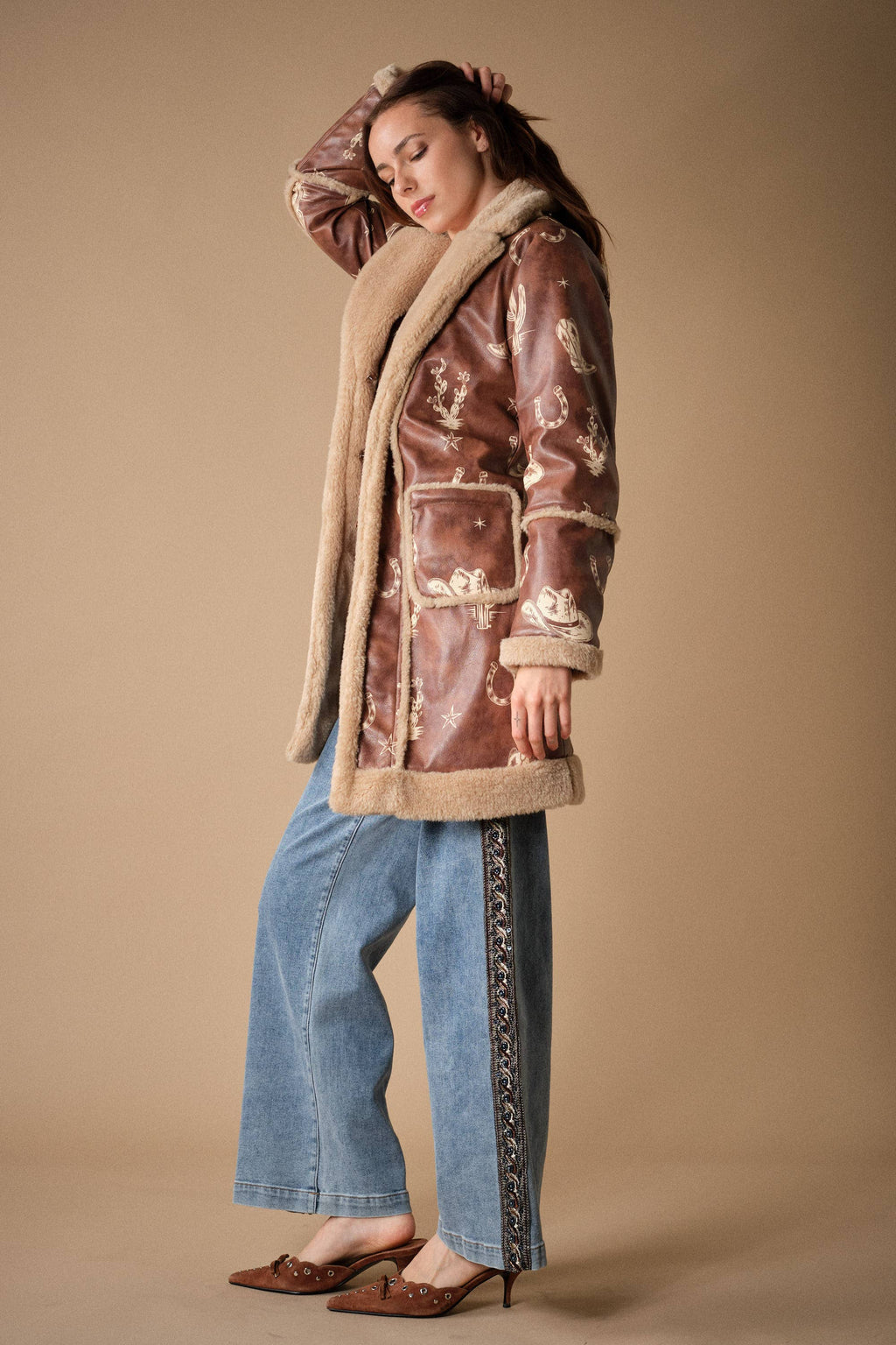 Western Printed Faux Leather Coat