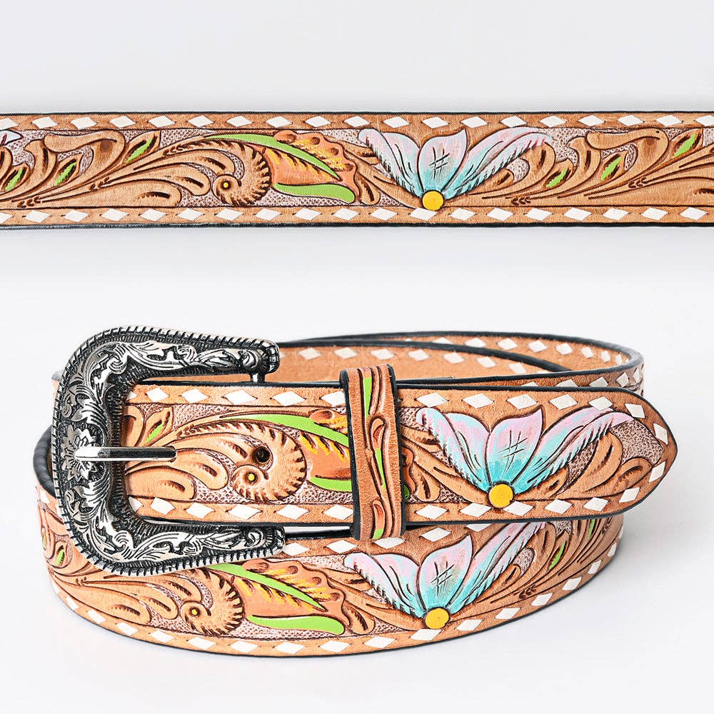 Tooled Leather Western Belt - Pastel Blue & Pink Floral Design